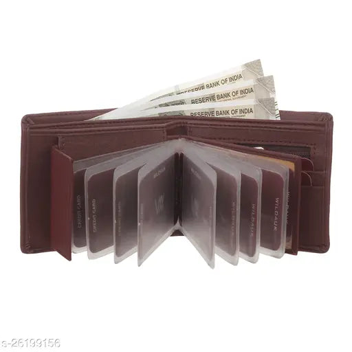 Brown artificial leather Walauk men's wallet with 10 card slots, textured pattern, and two compartments. Free size (L: 11cm, W: 2cm)