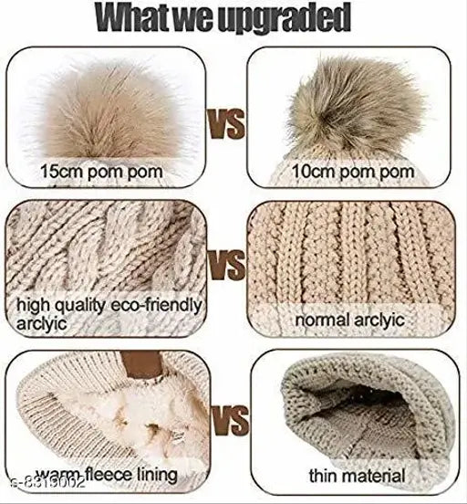 PinKit Girls women's winter pompom beanie hat, thick slouchy fleece lining, skull cap design, brown color
