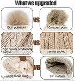 PinKit Girls women's winter pompom beanie hat, thick slouchy fleece lining, skull cap design, brown color