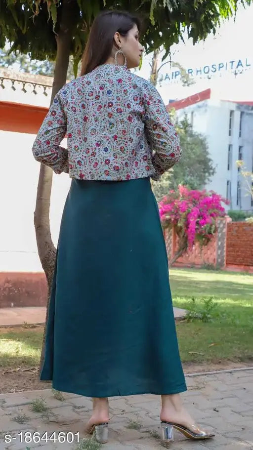 Rayon printed long kurti with jacket, trendy Aishani Drishya style, Indian fashion