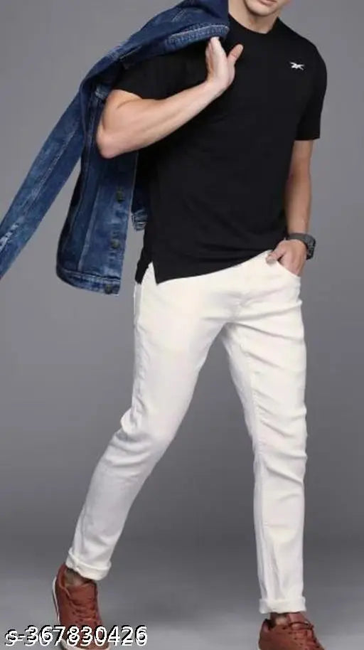 Cotton blend, plain white men's jeans for a classic look, size 28/30/32/34/36, made in India