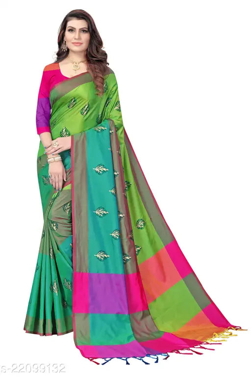 Trendy cotton saree with banarasi silk blouse, printed pattern matching pallu, free size
