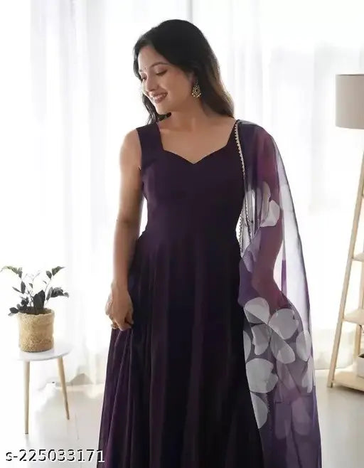 Designer printed Georgette kurta, flared sleeves, self-design. Single size with stitched net, available in XS - 6XL. India origin. Color may vary from image