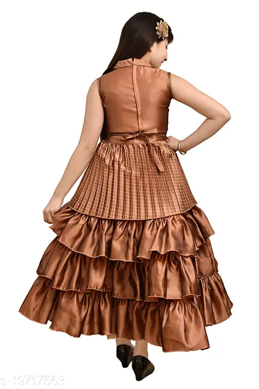 Brown silk blend sleeveless embroidered net frock dress for girls, single pack (3-4 years, 4-5 years, 5-6 years, 6-7 years, 7-8 years) Indian origin
