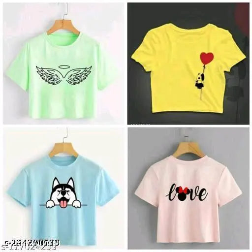 Delux Look Branded cotton blend summer special crop T-shirts, 4 pack in sizes S, M, L, XL, printed pattern, made in India