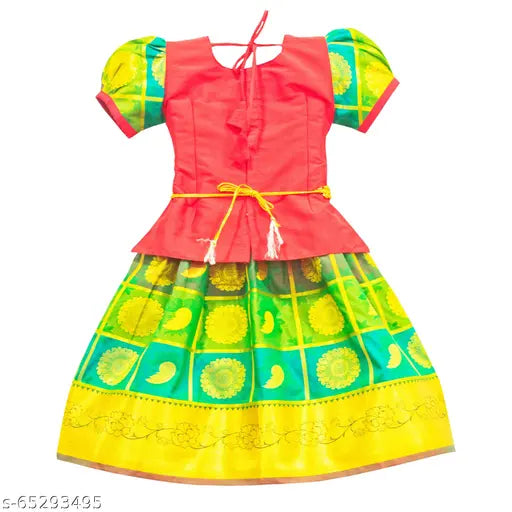 Indian ethnic South Style Chanderi Silk Pattu Pavadai Lehenga Choli, embellished with intricate embroidery. Soft and vibrant traditional attire for toddlers and young children