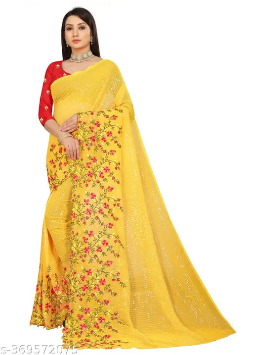 Yellow georgette silk saree with pink color embroidered work, red blouse