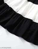 Long, multicolored ruffled skirt with black trim
