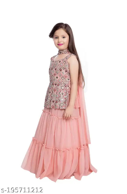 Kids girls stitched lehenga choli with dupatta set, georgette fabric, embroidered ruffle pattern. Indian traditional outfit for parties, weddings, birthdays, festivals, and celebrations. Colors may slightly differ from the displayed image. Made in India
