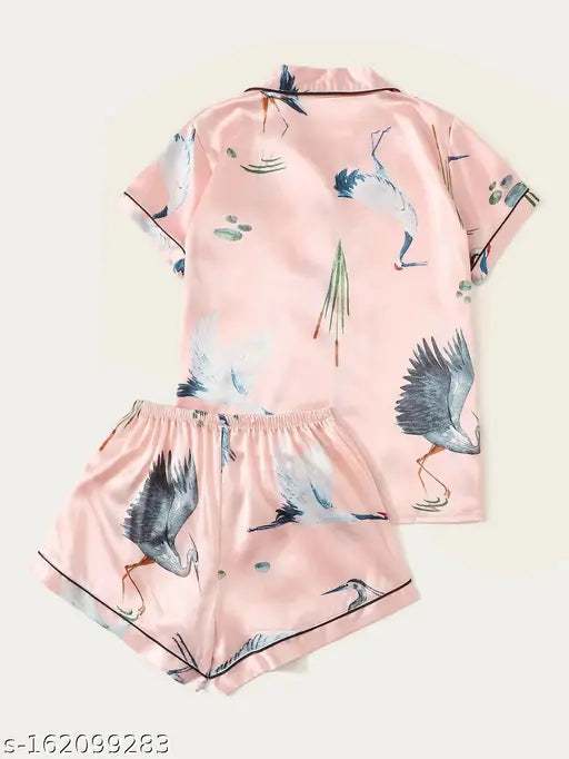 Elegant women's silk-blend winter nightsuit set, printed net design in sizes S-XXL, ideal for evening wear or bridal parties