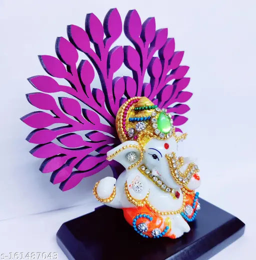 Stone-decorated wooden base Lord Ganesha idol, handcrafted from polyresin. Indian home decor showpiece