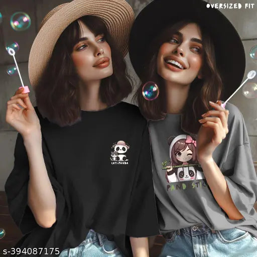 2x Women Pandastick + Cati-Panda Oversized T-shirts