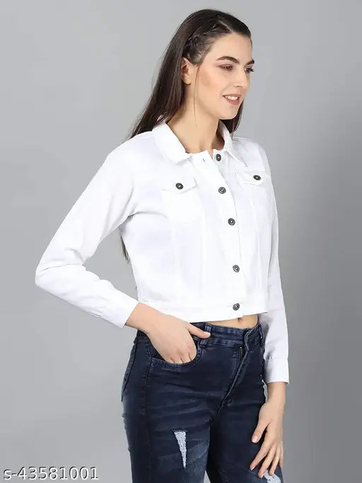 White Women's Cotton Denim Blend Casual Jacket, three-quarter sleeves, solid pattern, SAMAN FASHION WEAR brand