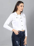 White Women's Cotton Denim Blend Casual Jacket, three-quarter sleeves, solid pattern, SAMAN FASHION WEAR brand