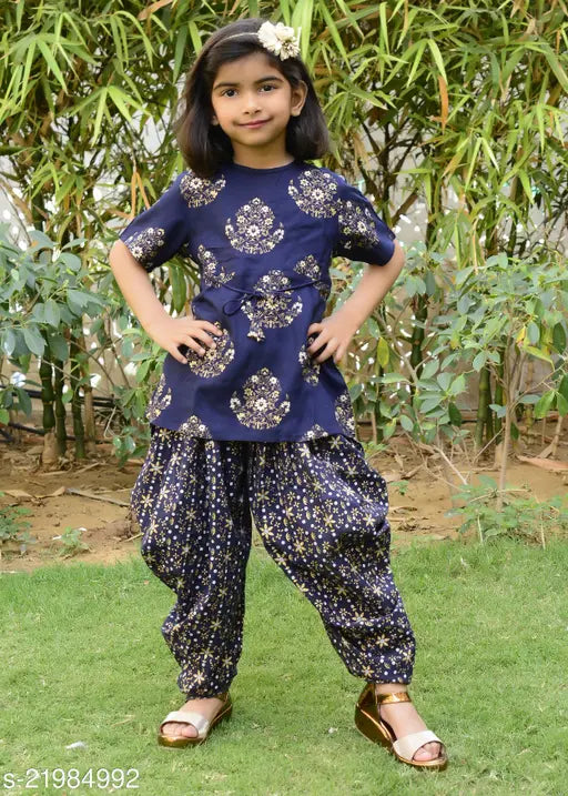 Nanci Blue Boota Printed Ethnic Rayon Kurti Palazzo Set for Baby Girl - Self-designed, three-quarter sleeves, calf length top and palazzos, high quality finishing, sizes from 3-4 years to 11-12 years, made in India
