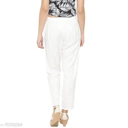 White rayon women's regular fit pants with waist sizes 26 inches to 40 inches