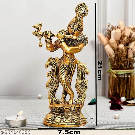 Golden finish Krishna idol statue, 5.5 cm length, 23 cm height, 13 cm breadth - Handcrafted premium metal Indian art for home decor