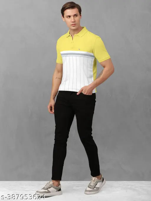 Yellow cotton blend polo t-shirt with trendy colorblock graphic print collar for men (S-5XL), showcasing comfortable fit and stretchable material