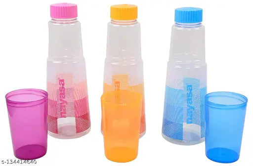 Multicolor Nayasa glass fridge water bottles (set of 3), 1000ml each, plastic material