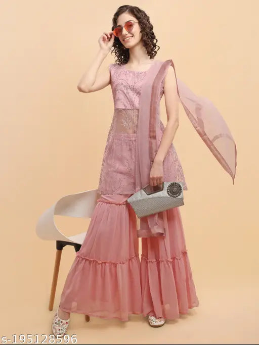 Pink net and georgette women's kurta set with dupatta and palazzos, printed with silver zari and beads, for traditional functions and festive wear