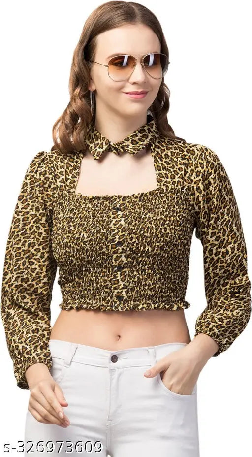 Printed net crepe sleeve coller crop top for women, long sleeves on mannequin