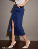Light blue denim skirt, elegant wrap style
