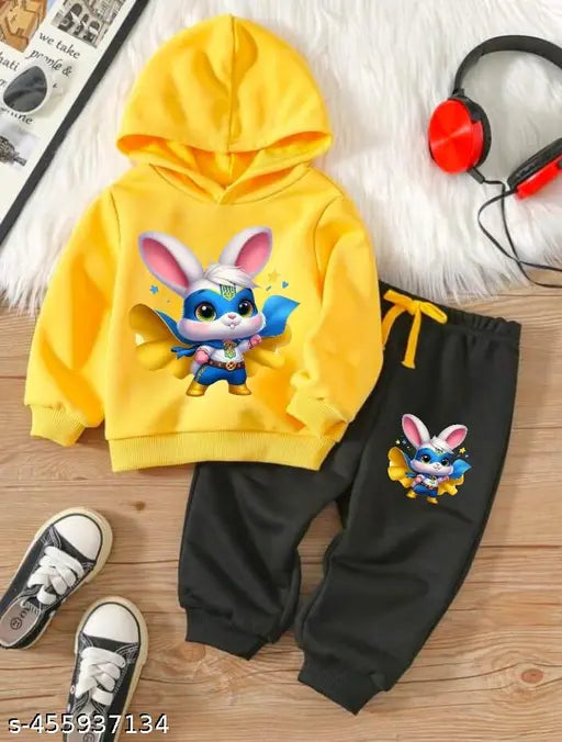 Colorful Creation boys printed cotton blend hoodie T-shirt and jogger tracksuit set for winter - stylish Rabbit graphics, warm, cozy, mid-rise with ribbed hem and sleeves, solid T-shirt hoodie, elastic band closure, suitable for autumn/winter, India origin Main image