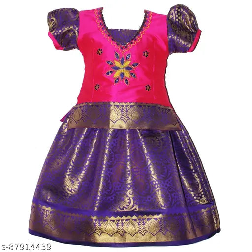 Cotton Silk Kids Girls Nila Pattu Lehenga Choli with waist belt, floral stitch design, suitable for festivals & parties