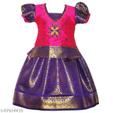 Cotton Silk Kids Girls Nila Pattu Lehenga Choli with waist belt, floral stitch design, suitable for festivals & parties