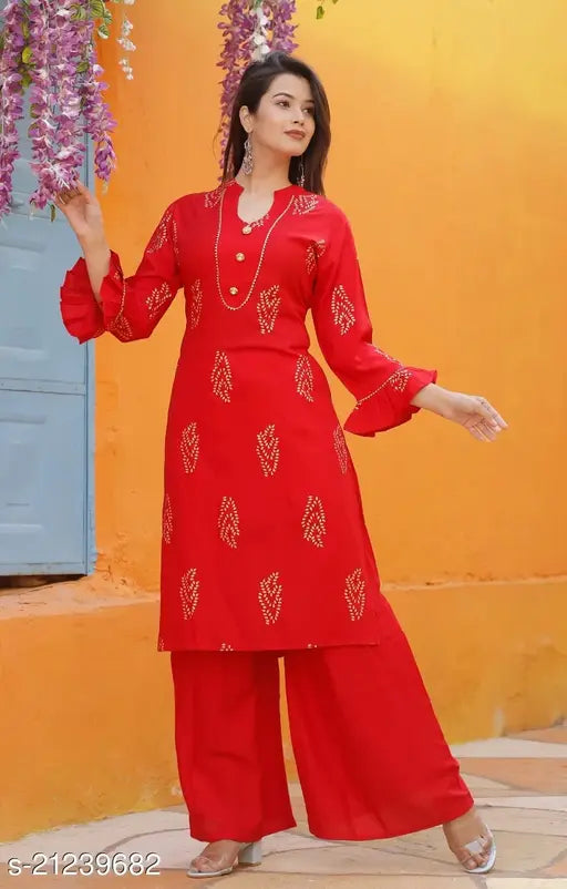 Exclusive printed rayon kurti and palazzos set, three-quarter sleeves, Indian rayon fashion clothing