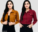 Mustard and maroon cotton blend denim jackets combo for women, two pieces in sizes S-XL