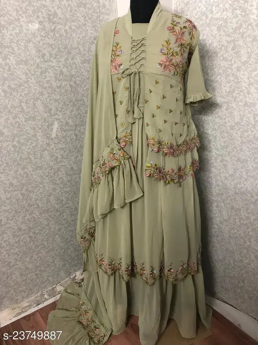 Light green embroidered Georgette top dress gown with matching unstitched Santoon bottom & dupatta, India-made women's fashion