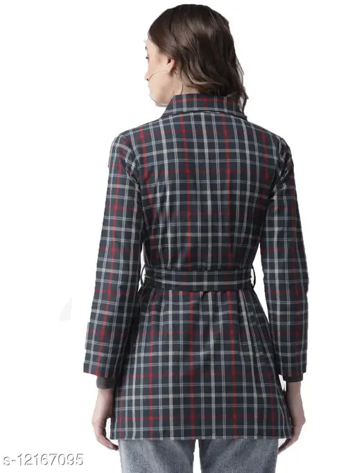 Navy blue checked cotton tailored jacket with long sleeves, printed pattern for women's formal wear