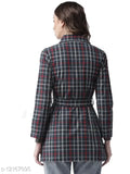 Navy blue checked cotton tailored jacket with long sleeves, printed pattern for women's formal wear