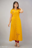 Yellow cotton slub A-line embroidered kurti, short sleeves, vibrant women's fashion, India origin