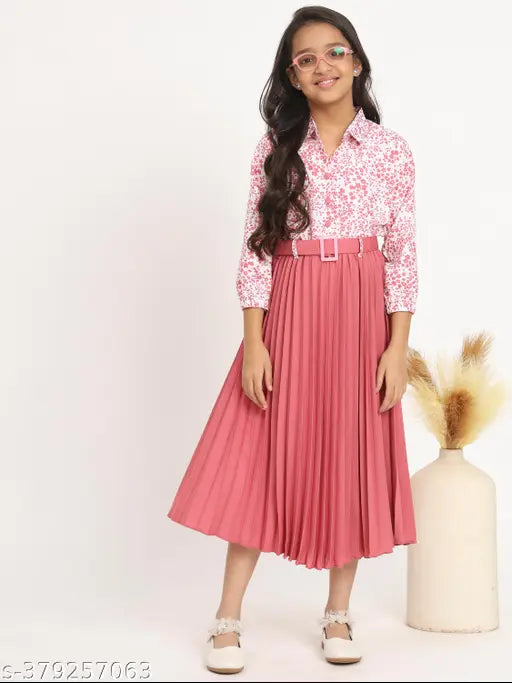 Premium quality printed net kurta for girls (3/4 sleeves, polyester), featuring collared neck, pleated skirt, elastic waist, and PU belt