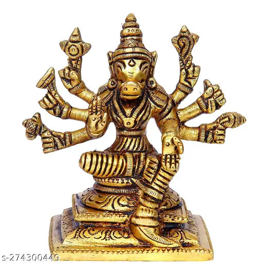 Best Seller: Small, detailed 8-handed brass statue of Varahi Amman, Lord Vishnu's Varaga Avatar Idol. Indian handicraft & artifact showpiece