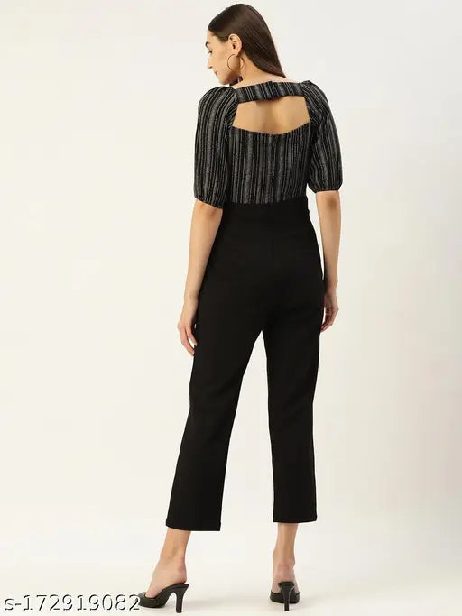 Black & white striped crepe jumpsuit by Magnetic Designs - basic outfit with short sleeves, available in sizes S, L, XL (34/54/28in, 38/54/32in, 40/54/34in)
