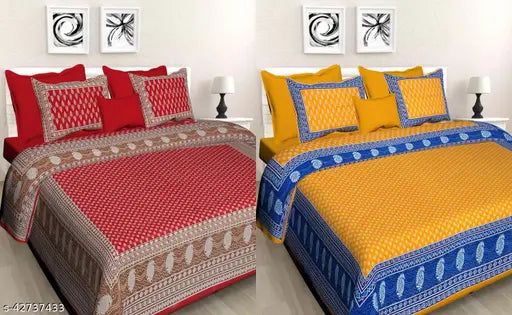 Cotton Jaipuri bedsheet with traditional Sanganeri pattern, 4 pillow covers included, from India