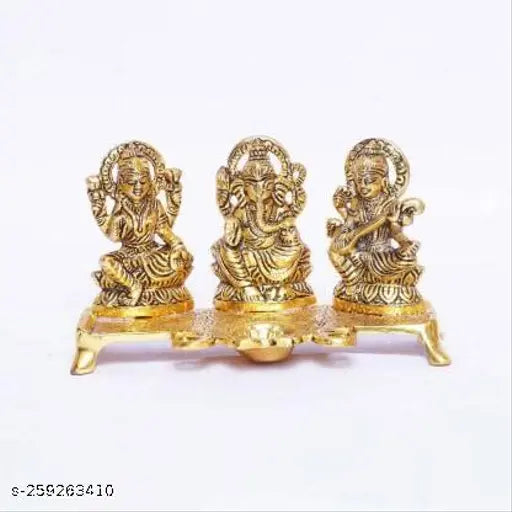 Gold-plated Laxmi Ganesh Saraswati Idol Set, 14cm metal showpiece for home or temple decor, antique finish with traditional design, Indian origin