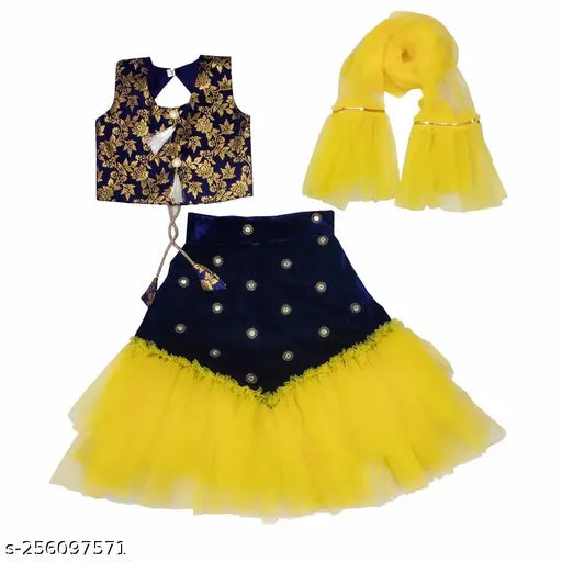 Dupion silk and net girls lehenga, embellished with embroidery for special occasions. Colors may vary due to photographic effects. Versatile for functions, festivals, parties, and weddings. Stitched blouse made of jacquard fabric