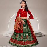 Green-Red Kids Nafiza jute cotton lehenga set with floral stitch, three-quarter sleeves. Indian ethnic wear self design for 7-8 years old girls