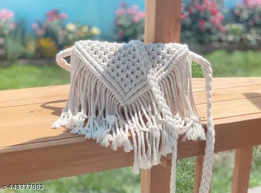 Handmade white macramé crossbody bag, fringe details