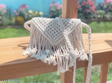 Handmade white macramé crossbody bag, fringe details