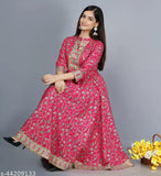 Rayon printed Anarkali Kurta for women, three-quarter sleeve, single size options: S, M, L, XL, XXL, XXXL. Vibrant ethnic wear for special occasions and selfies