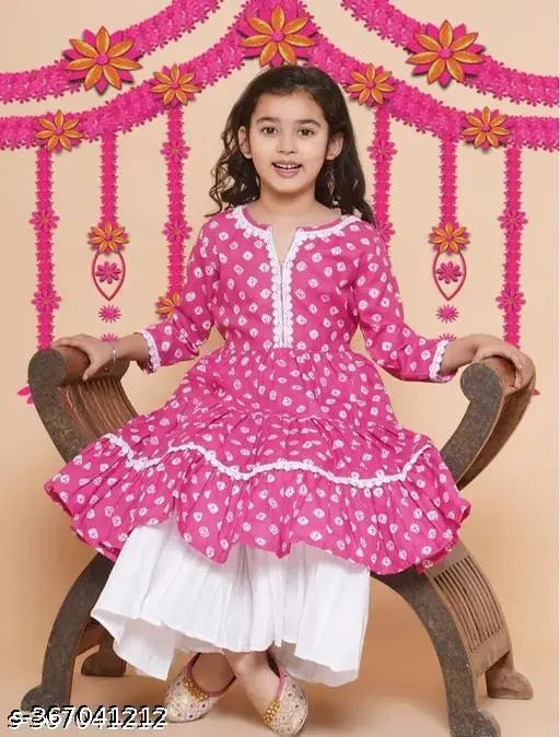 Fancy pink rayon printed anarkali kurta & sharara set with lace work, knee length top and matching bottom for girls aged 4-15 years (e.g., 4-5 years: 24in/24in, 7-8 years: 26in/25in) from India