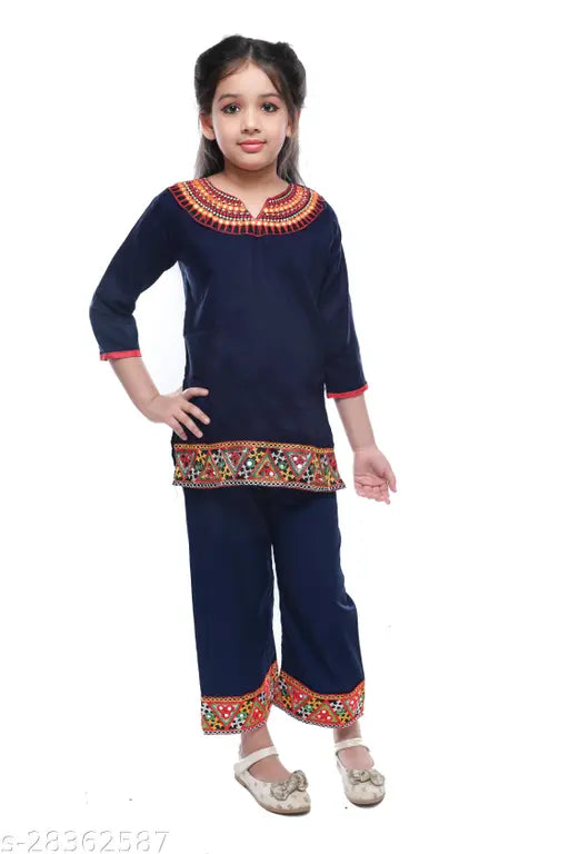 Blue Rayon Kids Plazo Kurti, embroidered design, suitable for various occasions. (14in x 14in for 6-12 months; 16in x 16in for 1-2 years) Indian handcrafted fashion