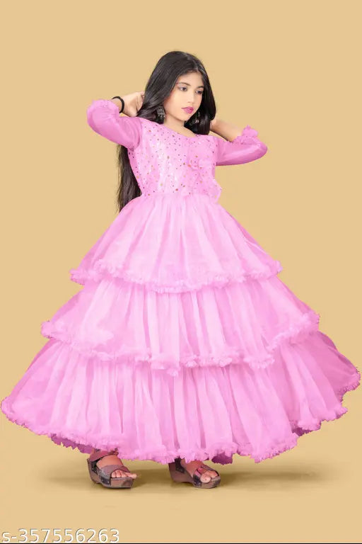 Unique net partywear gown for girls, three-quarter sleeves, solid color, festive wedding dress for kids aged 9-16 years. Indian-origin girl's maxi dress for occasions like birthdays and weddings