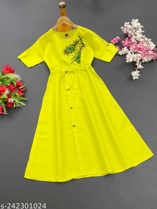 Yellow cotton slub digital print anarkali kurti for women