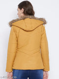 Mustard polyester women's parka jacket, Vero Amore brand, full sleeve, solid design, quilted with quality polyfill and detachable faux fur hood, 3 pockets in total (1 internal, 2 external)